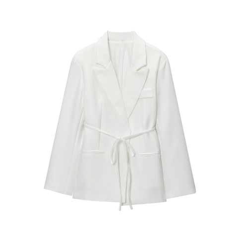 Women Casual Linen Blend Blazer Jacket Solid Color Tie Waist Long Sleeve Notch Lapel Office Streetwear Fashion Outerwear