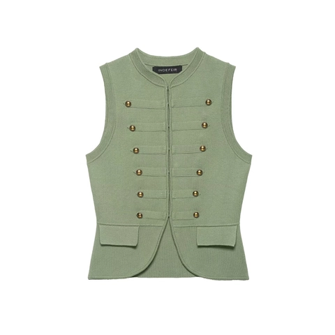 Women's Military Style Knitted Vest Double Breasted Gold Button Round Neck Slim Sage Green Casual Knit Sleeveless Tank Top