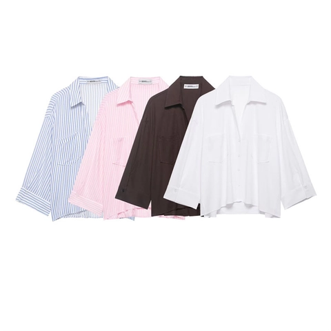 Camicia da Donna Casual Oversize a Maniche Lunghe a Righe Tinta Unita Colletto a Punta Doppie Tasche Blusa Larga