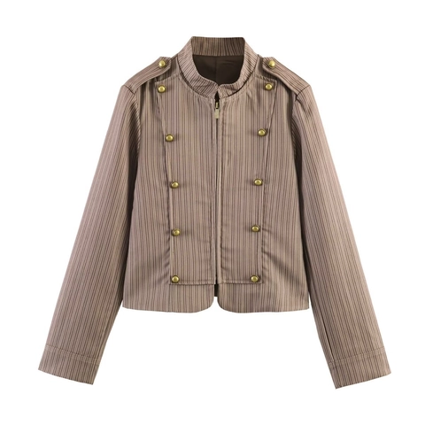 Veste Blazer à Rayures pour Femmes Style Militaire Rétro avec Col Montant et Épaulettes Coupe Ajustée avec Boutons Métalliques