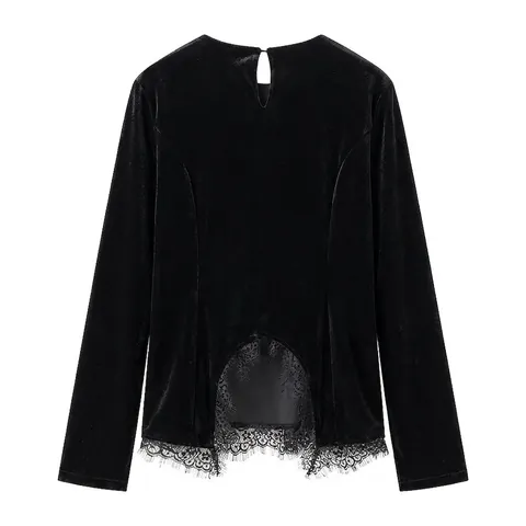 Damen Elegant Samt Spitze Patchwork Langarm Top Retro Schwarz Velours Bluse Rundhals Rückenfrei Ausgestellte Ärmel Kleidung