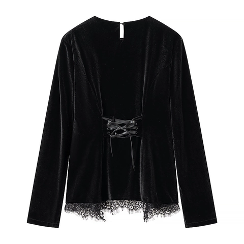 Damen Elegant Samt Spitze Patchwork Langarm Top Retro Schwarz Velours Bluse Rundhals Rückenfrei Ausgestellte Ärmel Kleidung