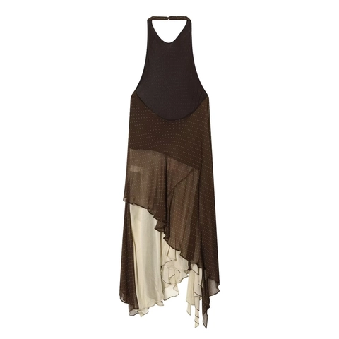 Dames Halter Jurk Open Rug Asymmetrisch Patchwork Stippen Sexy Mouwloos Ruches Chiffon Midi Zonnejurk Vakantie Feest Outfits