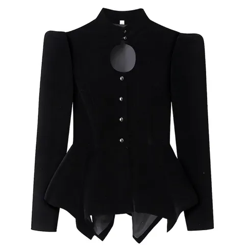 Vintage Black Velvet Peplum Jacket With Elegant Puff Sleeves And Chest Keyhole Structural Long Sleeve Single Breasted Coat For Women