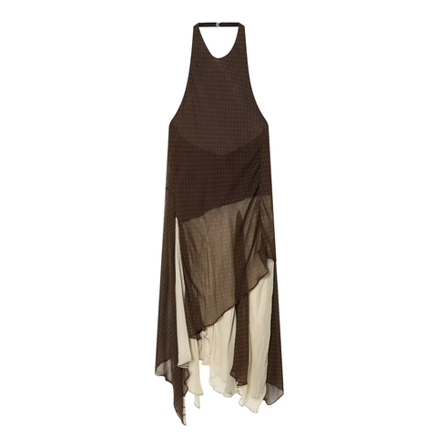 Dames Halter Jurk Open Rug Asymmetrisch Patchwork Stippen Sexy Mouwloos Ruches Chiffon Midi Zonnejurk Vakantie Feest Outfits