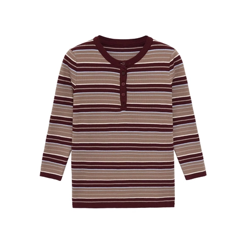 T-shirt en Maille à Rayures pour Femmes Décontracté à Manches Longues Boutonné Pull Nervuré Haut pour Printemps Automne Mailles Pull