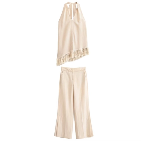 Dames Mode Tweedelige Outfit Halter V-hals Kwastje Zoom Top En Hoge Taille Wijde Pijpen Split Broek Casual Feest Set Beige