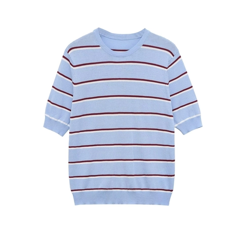Γυναικείο Casual Ριγέ Πλεκτό T-Shirt Στρογγυλή Λαιμόκοψη Κοντό Μανίκι Γαλάζιο Λευκό Κόκκινο Ριγέ Μαλακό Πλεκτό Τοπ