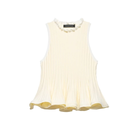 Women Fashion Ribbed Knit Sleeveless Tank Top High Ruffle Neck Pleated Peplum Hem Slim Fit Solid Color Summer Vest Top