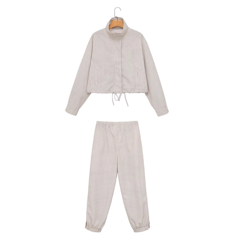 Women Plaid Jacket And Pants Set Stand Collar Zipper Drawstring Hem Elastic Waist Casual Streetwear Co-ord For Women