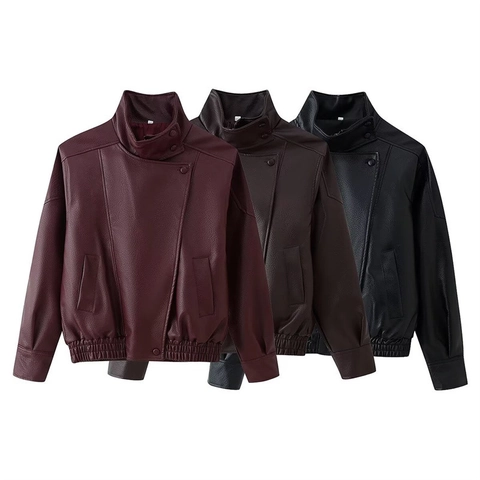 Veste en Similicuir pour Femmes Col Montant Streetwear Décontracté Manteau Court Avec Boutons-pression Ourlet Élastique Style Biker