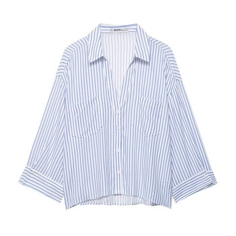 Camicia da Donna Casual Oversize a Maniche Lunghe a Righe Tinta Unita Colletto a Punta Doppie Tasche Blusa Larga