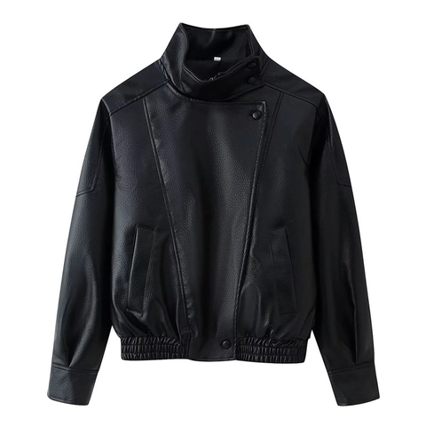 Veste en Similicuir pour Femmes Col Montant Streetwear Décontracté Manteau Court Avec Boutons-pression Ourlet Élastique Style Biker