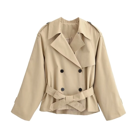 Dames Elegante Khaki Korte Trenchcoat Double Breasted Met Riem Jas Schoudervullingen Revers Lange Mouwen Outerwear