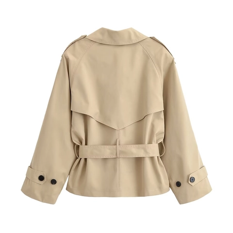 Dames Elegante Khaki Korte Trenchcoat Double Breasted Met Riem Jas Schoudervullingen Revers Lange Mouwen Outerwear