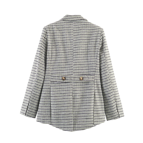 Franse Vintage Blazer voor Dames Hanevoet Patroon Asymmetrische Zoom Double Breasted Revers Lange Mouwen Ruitjes Kort Jasje