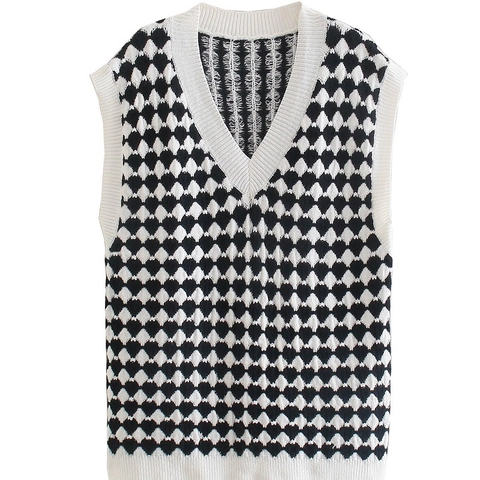 Women Retro Argyle Knitted Sweater Vest V Neck Sleeveless Black White Checkerboard Casual Pullover Knitwear Tops
