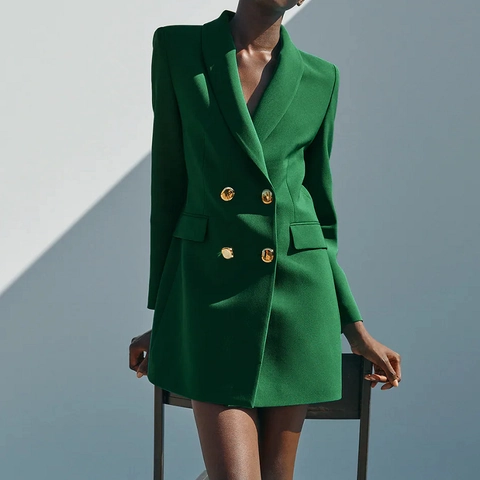 Dames Elegante Smaragdgroene Double Breasted Blazer Jas Met Gouden Knoppen Lange Mouw Slim Fit Reverskraag Pak Jas Voor Kantoor