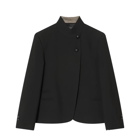 Damen Mode Einfarbig Schwarz Blazer Stehkragen Asymmetrische Knöpfe Langarm Anzug Jacke Slim Fit Büro Lässig Oberbekleidung