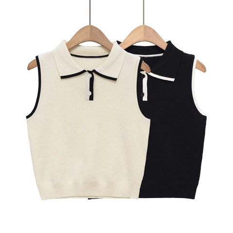 Dames Casual Gebreid Polovest Contrastrand Mouwloos Slim Fit Kort Pullover Retro Streetwear Gebreide Top