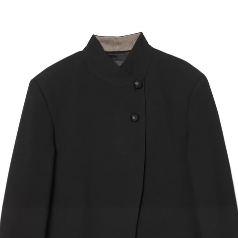 Damen Mode Einfarbig Schwarz Blazer Stehkragen Asymmetrische Knöpfe Langarm Anzug Jacke Slim Fit Büro Lässig Oberbekleidung