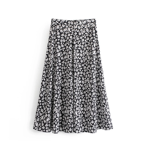 Gonna Midi a Trapezio a Vita Alta da Donna Stampa Floreale Nero Bianco Motivo a Fiori Streetwear Casual Ampia Gonna a Ruota