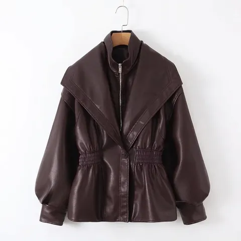 Damen Mode Kunstlederjacke Revers Laternenärmel Gezogener Taillenbund PU Leder Mantel Casual Streetwear Oberbekleidung