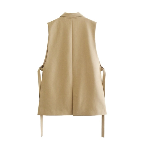 Women Sleeveless Notch Lapel Suit Vest Single Breasted Side Tie Split Hem Waistcoat Solid Color Casual Streetwear Top