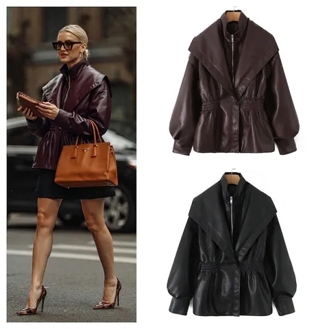 Damen Mode Kunstlederjacke Revers Laternenärmel Gezogener Taillenbund PU Leder Mantel Casual Streetwear Oberbekleidung