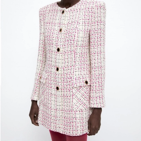 Dames Elegante Tweed Jas Ronde Hals Single Breasted Ruit Textuur Jas Met Goudkleurige Knopen Lange Mouw Dikke Bovenkleding