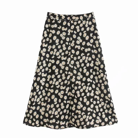 Jupe Mi-Longue Taille Haute à Imprimé Marguerites pour Femmes Coupe en A Noire Streetwear Style Pastoral Mode Bas pour Dames
