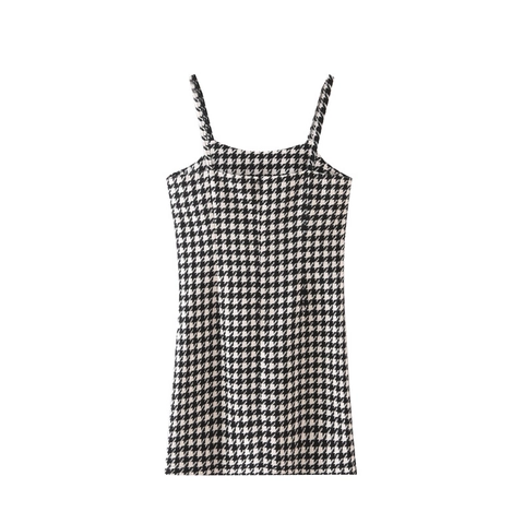 Robe Mini Vintage Pied-de-poule pour Femme à Fines Bretelles Coupe Slim en Tweed Noir et Blanc pour le Quotidien