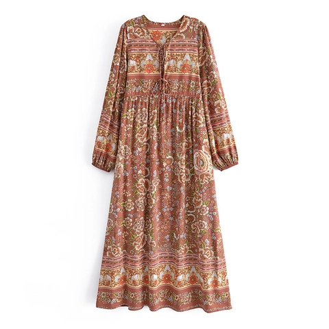 Abito Lungo da Donna Bohemienne con Stampa Floreale Manica Lunga Scollo a V Laccio Nappina Vintage Linea ad A Viscosa Casual