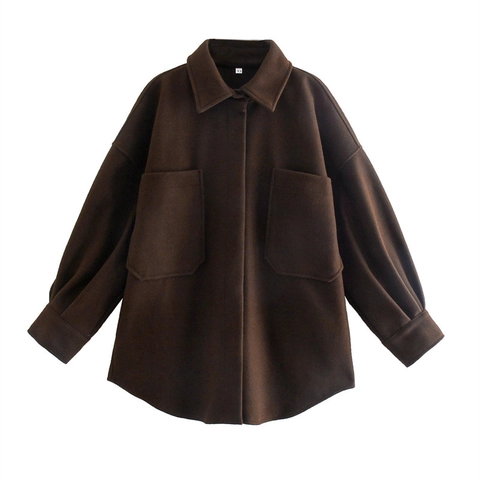 Chaqueta Camisera Oversize de Mujer Aspecto Lana Color Sólido Solapa Abotonadura Sencilla Con Bolsillos Grandes
