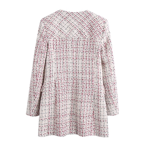 Dames Elegante Tweed Jas Ronde Hals Single Breasted Ruit Textuur Jas Met Goudkleurige Knopen Lange Mouw Dikke Bovenkleding