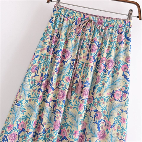 Gonna Maxi Bohemienne da Donna in Cotone Stampa Floreale Pavone Vita Alta Elastica con Nappine Gonna Lunga per Vacanze