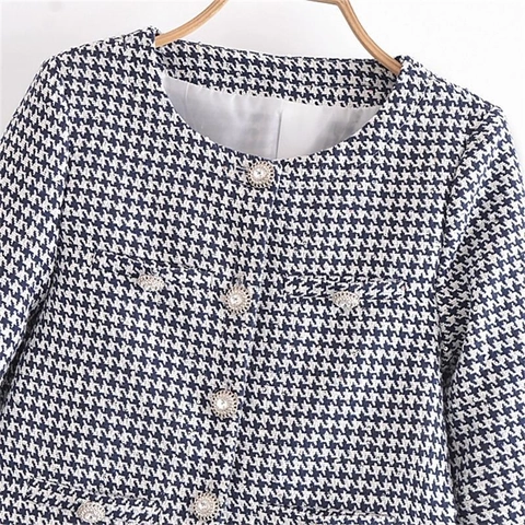 Women Round Neck Houndstooth Tweed Jacket With Jewel Buttons Vintage Long Sleeve Outerwear Casual Plaid Coat For Fall