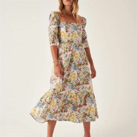 French Retro Floral Print Square Neck Puff Sleeve Slim Waist Midi Dress Women Summer Pastoral Style Chiffon Dress