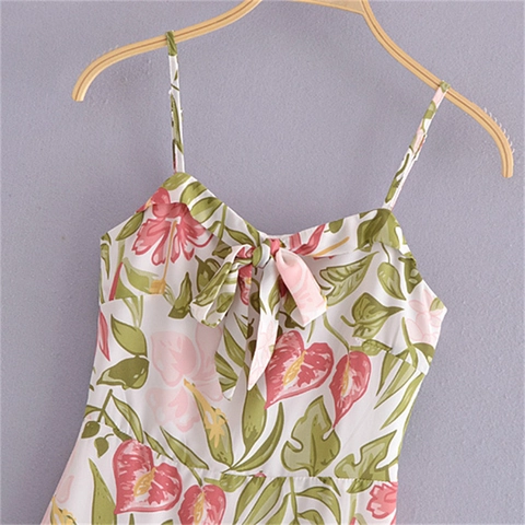 Franse Mini-Jurk Met Tropische Bloemenprint En Strikje Spaghettibandjes Smockwerk Hoge Taille Zomer Mouwloze Jurk
