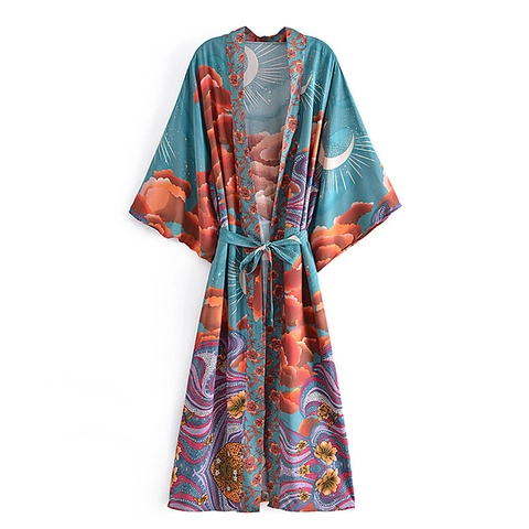 Vestido Midi Kimono Bohemio 100% Viscosa Estampado Floral Luna Estrellas Manga Ancha Túnica Cárdigan con Lazo Mujer