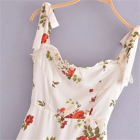 Robe Mini Fleurie Vintage Français Pour Femmes Imprimé Roses Rouges Ourlet à Volants Nœud Bretelles Taille Haute Robe Été