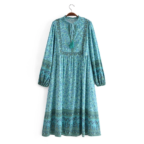 Women Bohemian Floral Print Midi Dress V Neck Rayon Long Sleeve Tassel Ethnic Vacation Vintage Loose Casual Beach Dress