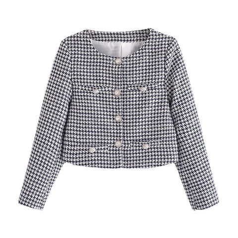 Women Round Neck Houndstooth Tweed Jacket With Jewel Buttons Vintage Long Sleeve Outerwear Casual Plaid Coat For Fall