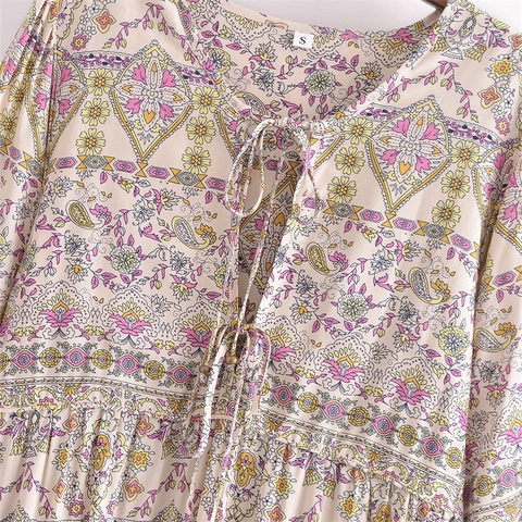 Boho Kleid Damen Maxi Langarm V-Ausschnitt Paisley Blumenmuster Quasten Hohe Taille Strand Urlaub Kleid