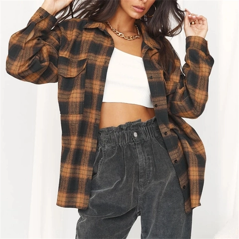 Damen Retro Karo Flanellhemd Oversize Langarm Revers Knopfleiste Bluse Mit Taschen Lässig Vintage Karierte Jacke Top