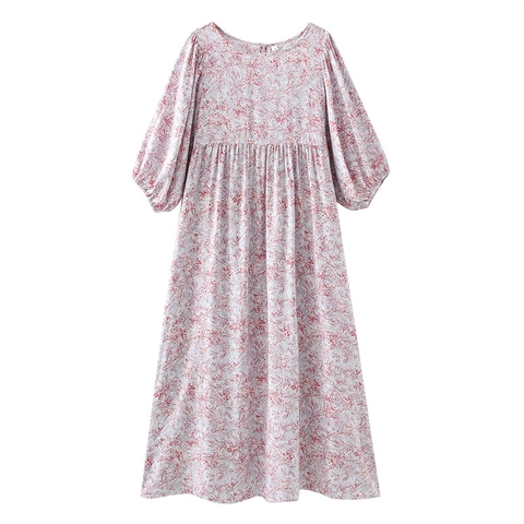Women Vintage Floral Print Maxi Dress 100% Viscose Lantern Sleeve Round Neck High Waist Loose Casual Boho Long Dress