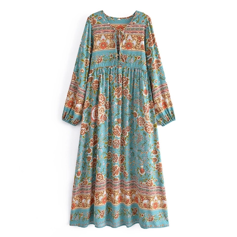 Women Bohemian Floral Printed Maxi Dress 100% Viscose Long Sleeve V-Neck Tassel Tie Neck High Waist Vacation Long Dress