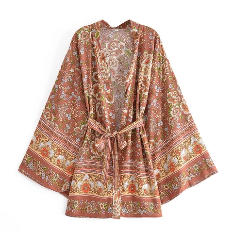 Mini Robe Kimono Bohème pour Femmes Imprimé Floral et Cheval avec Ceinture Style Ethnique Rétro Manches Longues