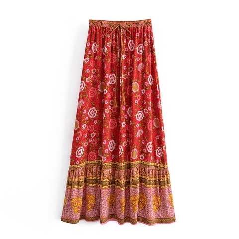 Gonna Maxi Donna in Cotone Floreale Bohemienne Vita Alta Elastica con Volant Gonna con Coulisse a Nappa Rosso Etnico