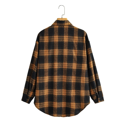Damen Retro Karo Flanellhemd Oversize Langarm Revers Knopfleiste Bluse Mit Taschen Lässig Vintage Karierte Jacke Top